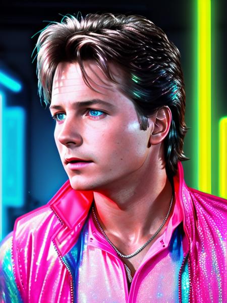 photo of (MartyMcFly:0.99) (Wearing a neon pink shirt with a silver metallic vest and a holographic jacket:1.4), detailed face, realistic skin, high quality, (bluegrey eyes:1.1), Leica 50mm, f1. 4, natural light, grainy, (high detailed skin:1.2), high detail