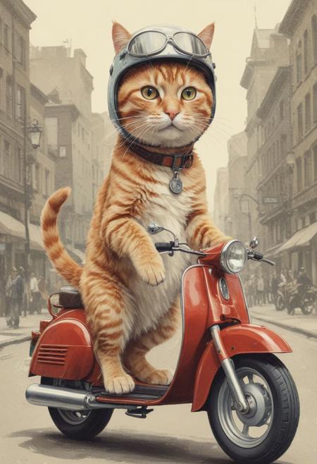 cat riding vintage scooter with wearing helmet , illustration