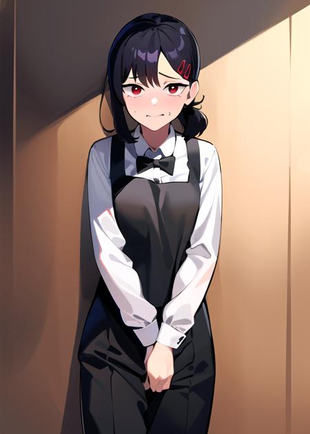 masterpiece, absurdres,  <lora:higashiyama_kobeni:1>higashiyama_kobeni, hair ornament, hairclip, 1girl, solo, black hair, short ponytail, collared shirt, bowtie, apron, slacks, pants, nervous, cowboy shot,