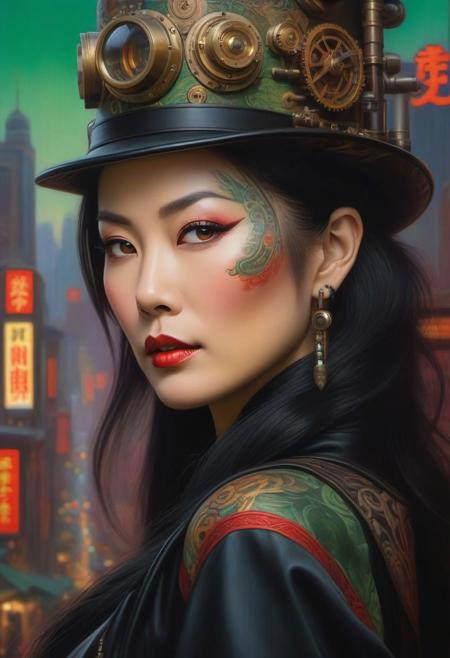 painting of chinese steampunk woman 40 years old with fine tattooed skin details, sf, intricate artwork masterpiece, green and red pastel ratio, background is the big city street during night on golden hour, ominous, matte painting movie poster, by Eduardo Kobra