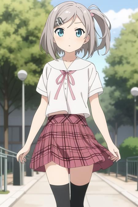 best quality ,masterpiece, 1girl,anime screencap,tsutsukakushi tsukiko,grey hair,short hair,aqua eyes,side ponytail,school uniform,white shirt,pink plaid skirt,black legwear,<lora:bm:0.5>