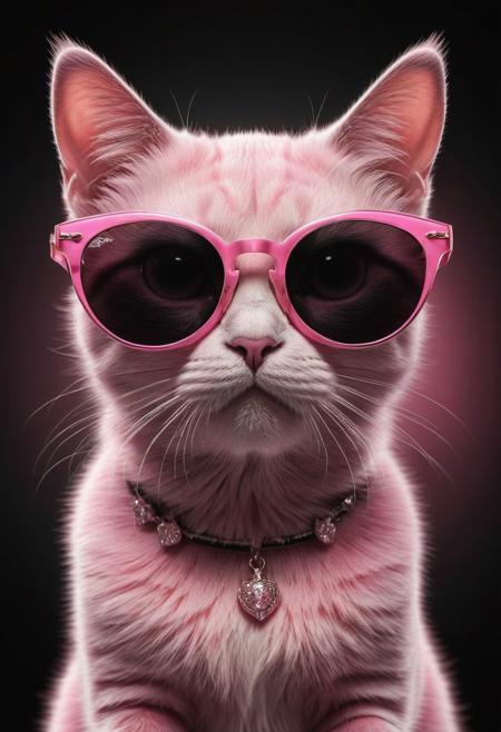 (best quality, 8K, high resolution, masterpiece), ultra detailed, (3D CGI), a beautiful pair of sunglasses, trendy, fashionable, pink, silver and black stylized Cat-eye shape, on a black background, countryside advertising, winning photo,