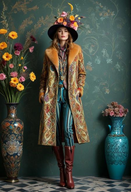 A model in an outfit with a long coat, fur hat, and boots in the style of Etro, posing against the backdrop of a wall painted with a textured pattern, surrounded by vases filled with flowers. The overall style is artistic and colorful, with patterns on the fabric, creating a unique visual effect. In her hands, she holds small bouquets of flowers. This photo was taken using a Canon EOS R5 camera.