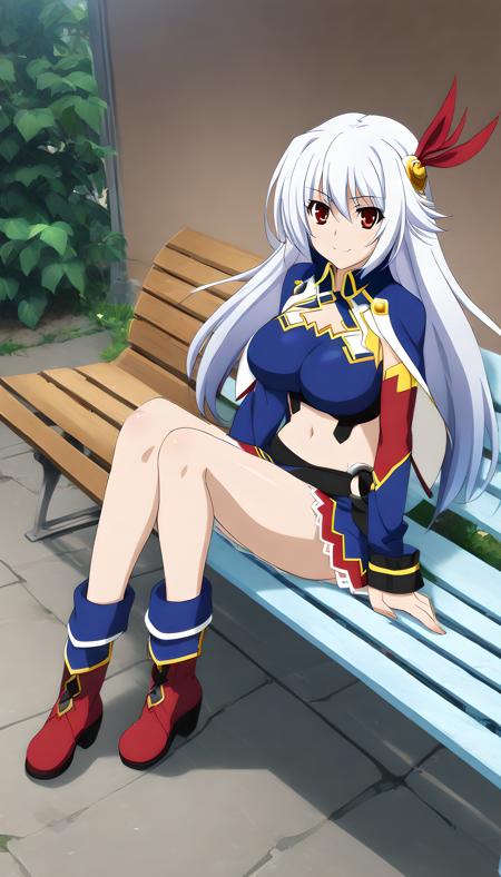 eleonora_viltaria white hair, red eyes, blue outfit, navel, skirt, boot, large breasts,