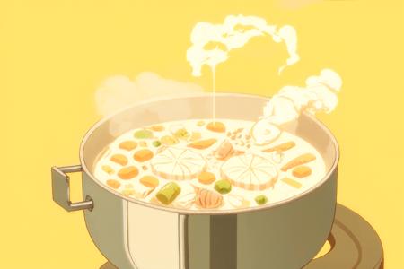 <lora:iav3-000016:0.8>,a bowl of food with chopsticks and carrots in it and a yellow background with a yellow background, food, indoors, no_humans, steam, carrot, cooking, kitchen, food_focus, cutting_board