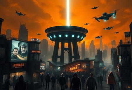 A towering, futuristic panopticon structure at the center of a sprawling dystopian city under a dim, smoky orange sky. The panopticon is made of dark, gleaming steel, with hundreds of glowing surveillance eyes scanning the chaotic streets below. The city is a maze of crowded, decaying high-rises, holographic advertisements flickering with propaganda, and winding alleys teeming with shadowy figures. Neon lights cast an eerie glow over the wet, reflective streets. People wear grimy, tattered clothing and augmented reality visors, their faces displaying hopeless expressions. Overhead, drones patrol with blinding spotlights. A sense of oppression and technological dominance permeates the scene, with a single beam of cold, sterile light shining from the top of the panopticon into the clouds. The atmosphere is gritty, intense, and foreboding.