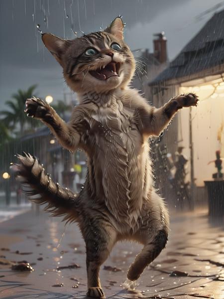 nighttime, side-view, oil painting, close up shot happy stnerfx cat derp dancing in the rain, facing the camera, on a beach, sunny, deep shadows,   <lora:- SDXL - stnerfx _Stoned_Fox_Style_V4.0:1>