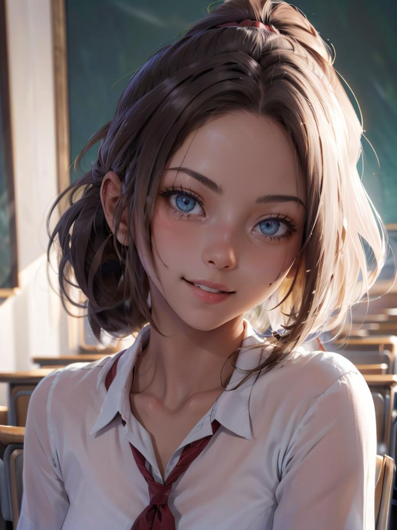 A beautiful anime girl with blue eyes and a red tie.