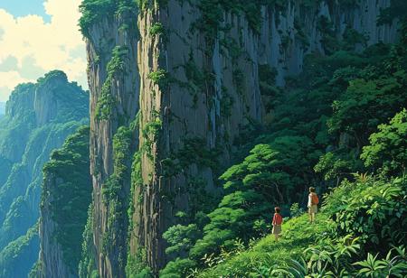 (studio ghibli painting),best quality, masterpiece, extremely detailed,  professional  art,  professional painting, an extremely delicate and beautiful, dynamic,  great lighting, perfect shading, professional shading, depth of field,   side soft light, elegant, gorgeous, highly detailed,   full shot, uncropped,   pure genious, absolutely perfect,  highly detailed, breathtaking,  a gigantic and sheer cliff is towering over an dense and vibrant jungle, there is a base build into the cliff