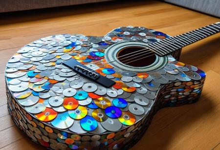 1guitar, indoors, modern twist, astonishing, made of cd's, 4k, highly detailed