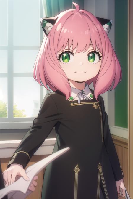 anyaforger, <lora:anya forger s1-lora-nochekaiser:1>,
anya forger, bangs, (green eyes:1.5), pink hair, ahoge, hair ornament, smile, child, female child,
BREAK long sleeves, dress, school uniform, socks, black dress, eden academy school uniform,
BREAK indoors, classroom,
BREAK looking at viewer, (cowboy shot:1.5),
BREAK <lyco:GoodHands-beta2:1>, (masterpiece:1.2), best quality, high resolution, unity 8k wallpaper, (illustration:0.8), (beautiful detailed eyes:1.6), extremely detailed face, perfect lighting, extremely detailed CG, (perfect hands, perfect anatomy),