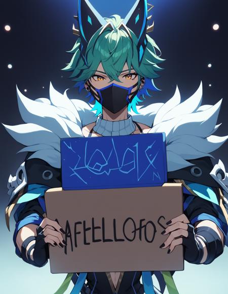 1boy, Aphelios, League of Legends,hrstlxks style, solo, short hair, gloves, holding, blue hair, jacket, upper body, male focus, green hair, black gloves, fingerless gloves, nail polish, mask, black nails, sign, mouth mask, holding sign, cinematic lighting, cinematic angle, masterpiece, best quality , <lora:HeartsteelSDXL:0.8>