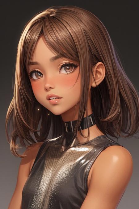 (masterpiece), best quality, expressive eyes, perfect face, stunning eyes, sparkling eyes, upper body of an 18 year old girl, (((young face))), kawaii face, she wearing an outrageous pastel coloured outfit with heavy makeup, choker, she has a very dark tan, almost orange fake tan, golden skin, muscular legs, small breasts, small nipples, hard nipples, submissive, full face blush, perfect teeth, detailed and busy background, bhands