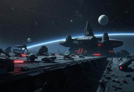 #space #station #StarWars #animation #destroyed #oldrobots #smallships #abandonment #atmosphere #mystery #futuristic #decay #dimlighting #shadows #isolation #cosmic #distantstars #nostalgia
Create an animated image of a space station reminiscent of Star Wars. The station should appear destroyed, with remnants of old robots and small ships scattered throughout. The atmosphere should evoke a sense of abandonment, with dim lighting and shadows enhancing the feeling of desolation.