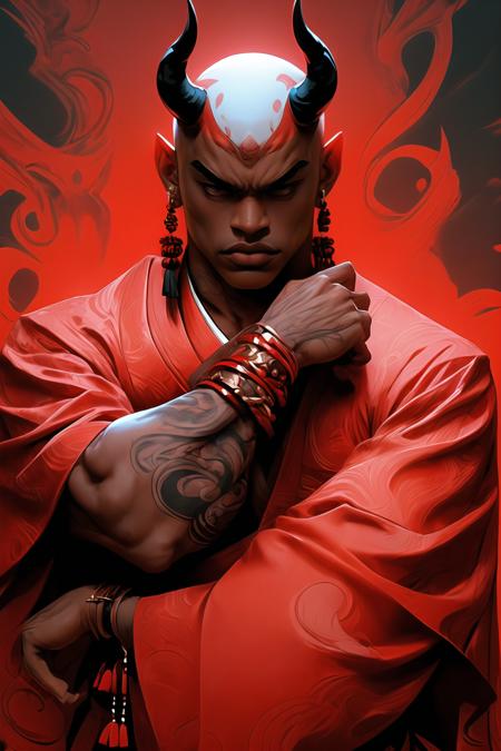 (red theme, red gradient,:1.2) redshift,red, solo, looking at viewer, 1boy, jewelry, upper body, male focus, earrings, japanese clothes, horns, dark skin, kimono, tattoo, muscular, dark-skinned male, bald, demon  <lora:redshift-10:0.8>  <lora:add_detail:0.6>