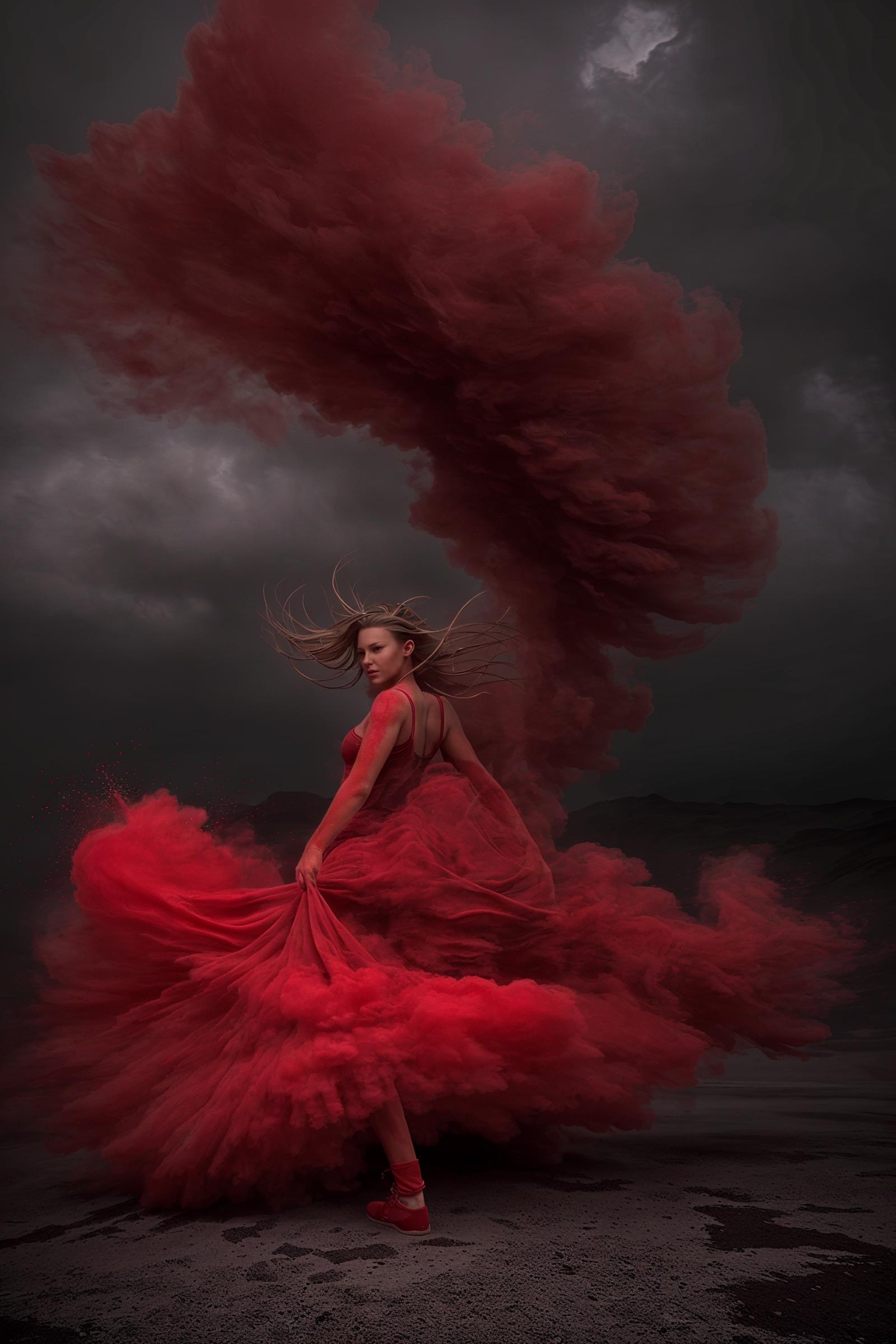A woman in a flowing red dress surrounded by red smoke or fog.