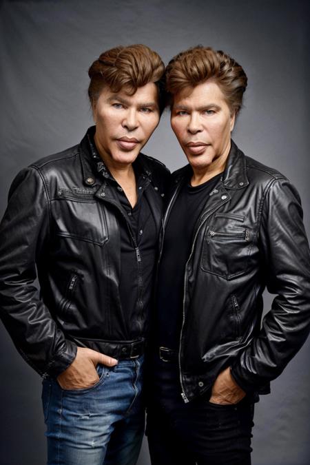 bogdanoff_bros, black leather jacket, realistic, best quality, <lora:bogdanoff_9:0.9>