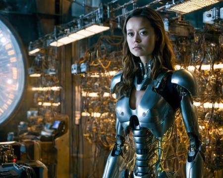 summer_glau, <lora:SummerGlauXL:1>,cyborg woman, biomechanical eye,  blend of organic and mechanical elements, futuristic, cybernetic, implants, attached wires, terminator style, standing in a futuristic loading device, looking at viewer