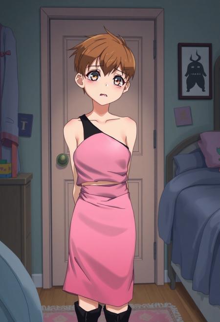 Androgynous preteen boy, wearing pink satin pencil miniskirt, black one-shoulder crop top, high-heeled boots, smudged makeup, in his older sister's room, scared, discovered by sister, anime style