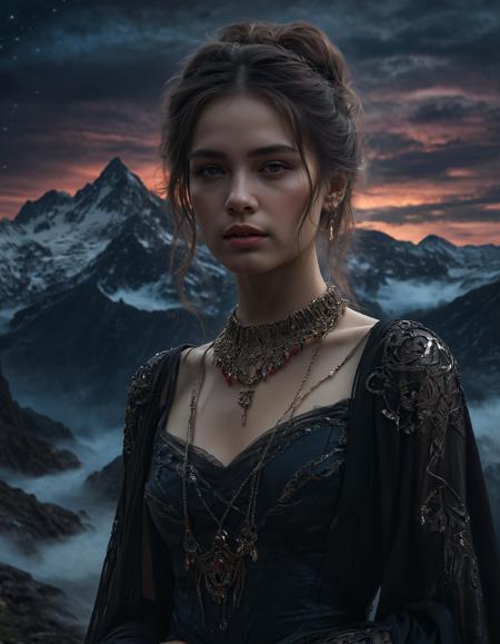 Gothic style a colorful abstract painting with a mountain in the background and a sky filled with clouds and stars in the middle,a detailed matte painting,dark art,<lora:Abstract Concept-glowing:0.4>,concept art,glowing,,concept art,glowing,Android Jones,, a woman with a necklace and a necklace around her neck and face,<lora:CB-Fantasy-000008:1>, Charlie Bowater, trending on art station, a character portrait, . Dark, mysterious, haunting, dramatic, ornate, detailed