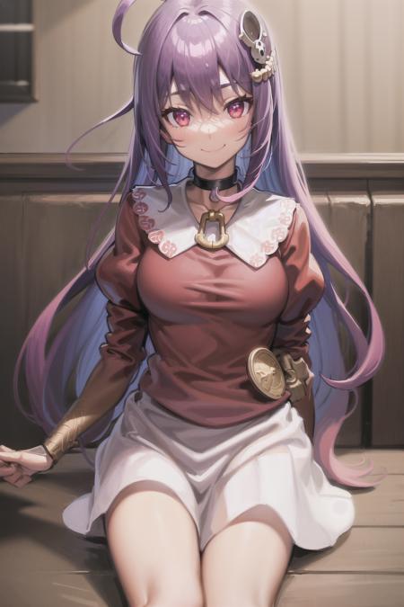 illustration, (masterpiece:1.3), best quality, ultra-detailed, <lora:Haqua V4:0.6>, <lora:acrossTableConcept_v10:1>, 1girl, haqua d'rot herminium, smile, elbows on table, purple hair, white ahoge, red school uniform, indoors, cake, upper body, red eyes, pink skirt, skull hair ornament, chained choker