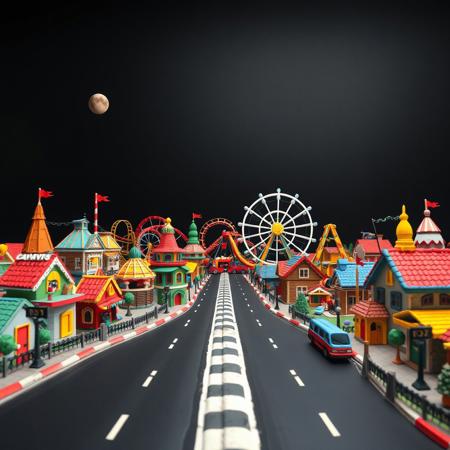 colorful clay amusement park, pov, clay town, claylike world, Claymation, black sky,  space,  wide roads, clay houses, clay dream world, clay Roller Coaster, clay Ferris Wheel, clay Train, clay road signs, clay park,