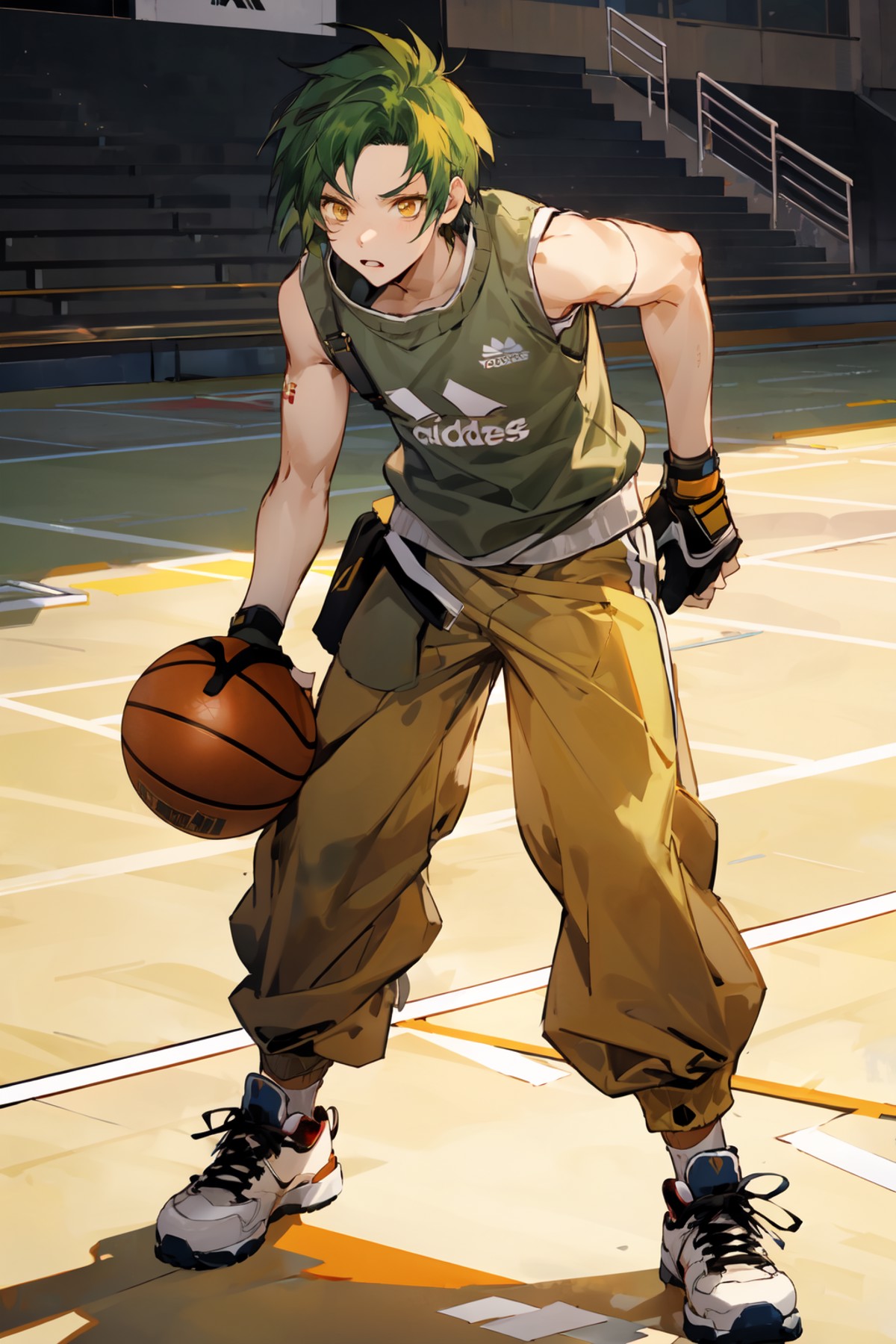 <lora:sothe_fe-10:1>, sothe, adidas sweater, baggy pants, sneakers, basketball court