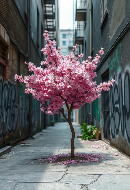 Create an image that juxtaposes the delicate beauty of nature with the harsh reality of urban decay. Show a vibrant cherry blossom tree in full bloom growing out of a cracked concrete sidewalk in a dilapidated city alley. The tree should be the focal point, with its pink petals contrasting against the gray, graffiti-covered walls of surrounding buildings. Include a small bird perched on one of the branches to emphasize the theme of resilience. Highest-Quality, 4k, intricate details, visually stunning, Masterpiece