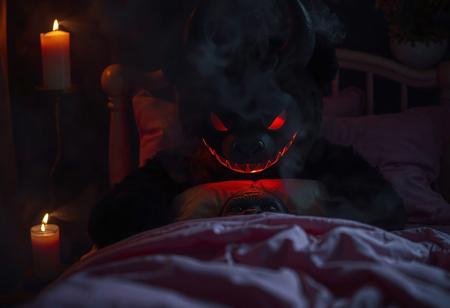 close-up other the shoulder of a black deamon like teddy made of dens black smoke, houvering ghostlike over a pink childs bed, only his red glowing grimm smile showing his horrific presence. in the bed is a scarred young ape face hiding under a pillow. soft fog raines like drops in slow-motion, glowing from the candles sorounding the bed. filling the dark black room in dramatic lighting whispering horror.
Shot with a full-frame DSLR, 85mm lens at f/1.8 for shallow depth of field, ISO 400, 1/100 shutter speed. dimm light enhanced with slight post-processing contrast boost and warm tone grading. creating a feeling as unsettling as compelling.