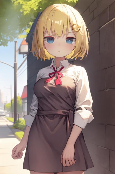 masterpiece, amelia watson, blonde hair, (short hair:0.6), blue eyes, bob cut, monocle hair ornament, medium breasts, neighborhood, outdoors