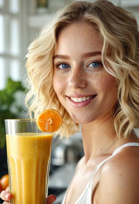 Drinking smoothie, wide-angle view, ((full-figure visible:2.0)), entire body in frame, kitchen overview, ((spacious composition:1.5)), head to toe in shot, standing in kitchen, kitchen advertisement, full body, lips touching glass, glass in front of mouth, (open mouth:1.2), DRINKING, (SMOOTHIE:2.0), drinking smoothie, DARK ORANGE smoothie, yellow smoothie, smoothie in glass, perfect fruits, perfect glass, perfect fingers,  gym clothing, sports clothes, white top, white sporttop, athletic clothing, happy, smiling, laughing, beautiful girl, short light blonde wavy hair, above shoulder length blond curly hair, bob cut, blue eyes, blue eyes:1.1, perfect eyes, extremely detailed eyes, extremely detailed face, textured skin, photorealistic, hyperdetailed:1.2, insane details, natural look, cute face, stunningly beautiful, pale skin, freckles, blush, detailed skin, extremely detailed, 1girl, shoulders, arms, breasts, hips, hands, perfect hands, perfect feet, perfect eyes, perfect nails, upper legs, legs, happy, open mouth, perfect teeth, in the kitchen, marble kitchen block, modern kitchen, 4K, RAW, best quality, masterpiece, ultra-detailed, hyperrealism:1.2, RAW photo, best quality, realistic, photo-realistic:1.3, best quality, masterpiece, extremely delicate and beautiful, extremely detailed natural lighting, bokeh:1.2, Porta 160 color, shot on ARRI ALEXA 65, Fujifilm XT-3, WARMER LIGHTING, sunny kitchen, warm sunlight, sun rays, inviting atmosphere