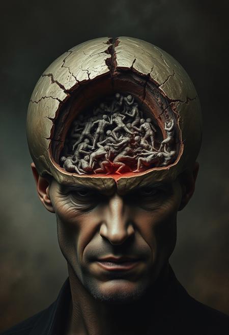 Surreal and dark image of a man with a cracked open skull, revealing a chaotic scene inside. Tiny human figures are struggling and intertwined within the brain cavity, depicting a scene of turmoil and conflict. The texture of the skull is highly detailed, with a dark, atmospheric background. The man’s expression is stern and intense, adding to the sense of inner strife and unease.
