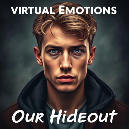 high quality design aesthetics, dramatic, pop, emotive, detailed, pop album cover, young white man, artist name "Virtual Emotions", album title "Our Hideout"