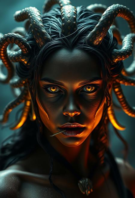Modern, 2020s, detailed cinematic shot from, realistic cinematic scene, dark brown woman portrays Medusa, the gorgon woman with writhing snake hair, full lips glowing yellow eyes, no pupils, Intricate, Sharp focus, Highly detailed, Fantasy, Trending on Artstation, Digital painting, Dark lighting, ominous mood., realistic Medusa high saturation, Bright, Vibrant, full of action, Very stylish, full body shot of showing detailed intricate work, shot in the style of  wes anderson and stephen king, oscar winning photography, striking image captures, meticulous attention, stunning costume design
