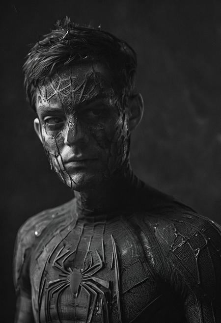 high-contrast monochrome palette, Tobey Maguire in Spider-man suit, (skin pores:0.5), (skin oils:0.3), black background, black-and-white, calm looking, shadow over eyes, cool looking, portrait, side view, ripped suit, blood, ripped mask, damaged mask, dark eyes, broken, Half of the face is shaded, muscular
