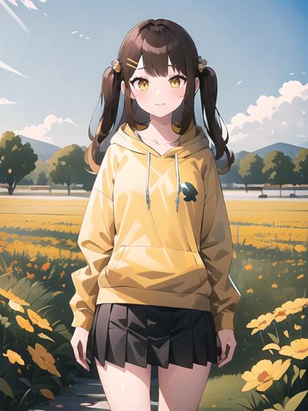 (1girl, solo, masterpiece, best quality, toon \(style\)), <lora:korean_streamer_v1:0.8>, cowboy shot, perfect_background, flower field, (brown hair, multicolored hair, blonde hair, hoodie, yellow eyes, hairclip, pleated skirt, two side up, hair bell, drawstring, miniskirt, round_face, long hair)