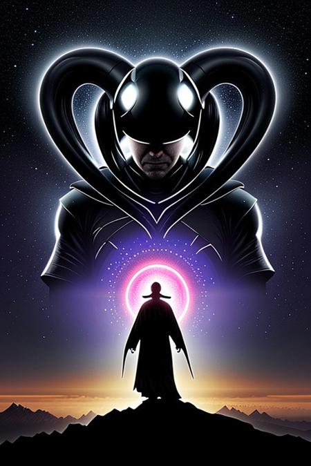 Cinematic, futuristic scene featuring a close-up portrait of a mysterious figure wearing a dark, flowing robe. The figure stands in a serene, dream-like landscape surrounded by massive, ancient pillars, under a vast starry night sky. The figure's helmet is elongated, with a transparent, glowing glass revealing swirling cosmic patterns and electric energy, evoking an otherworldly aura. Two large, symmetrical, twisted horns extend from the helmet, blending advanced technology with alien design. In the distant background, tall buildings and skyscrapers rise softly into a horizon with a gentle, ethereal glow, enhancing the enigmatic atmosphere. Highly detailed, hyper-realistic, soft lighting, HKMagic style, face close up, from below