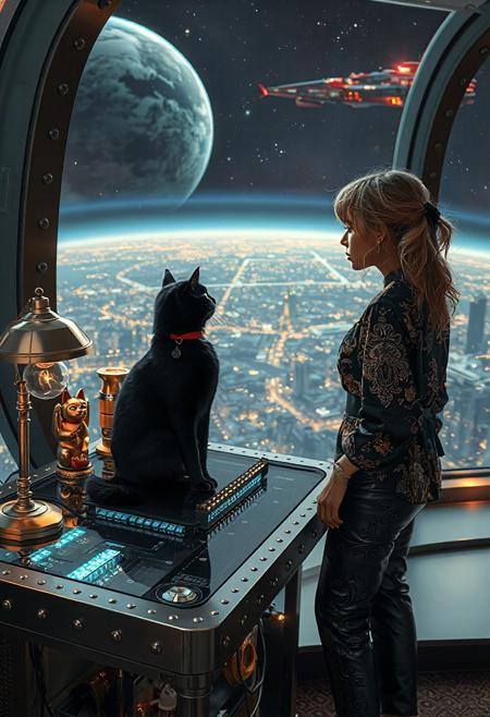 A sleek black cat with red collar sits on a cluttered metal riveted desk with transparent top and micro-LED lighted computer components visible inside, On the desk is a gold and lacquer maneki neko statue and an art deco glass and metal lamp, the Black Cat is looking out of a seamless and futuristic floor to ceiling window that looks out at a planet from low orbit, the planet is covered with the lights of enormous buildings and cities, (((a beautiful woman, 24 years old, is standing next to the desk the cat is sitting on and looking longingly out the window, the woman is dressed in an ornate Japanese style shirt and elegant leather pants with an ornate design. An enormous deco starship with futuristic lighting and an enormous space station are visible in the background among the stars, The woman's hair is messy from just waking up and tied up with a ribbon.  Artistic art deco, dynamic perspective, (((overall architectural aesthetic is Art Deco Cyberpunk))).  Epic image that elicits a feeling of wonder and awe,