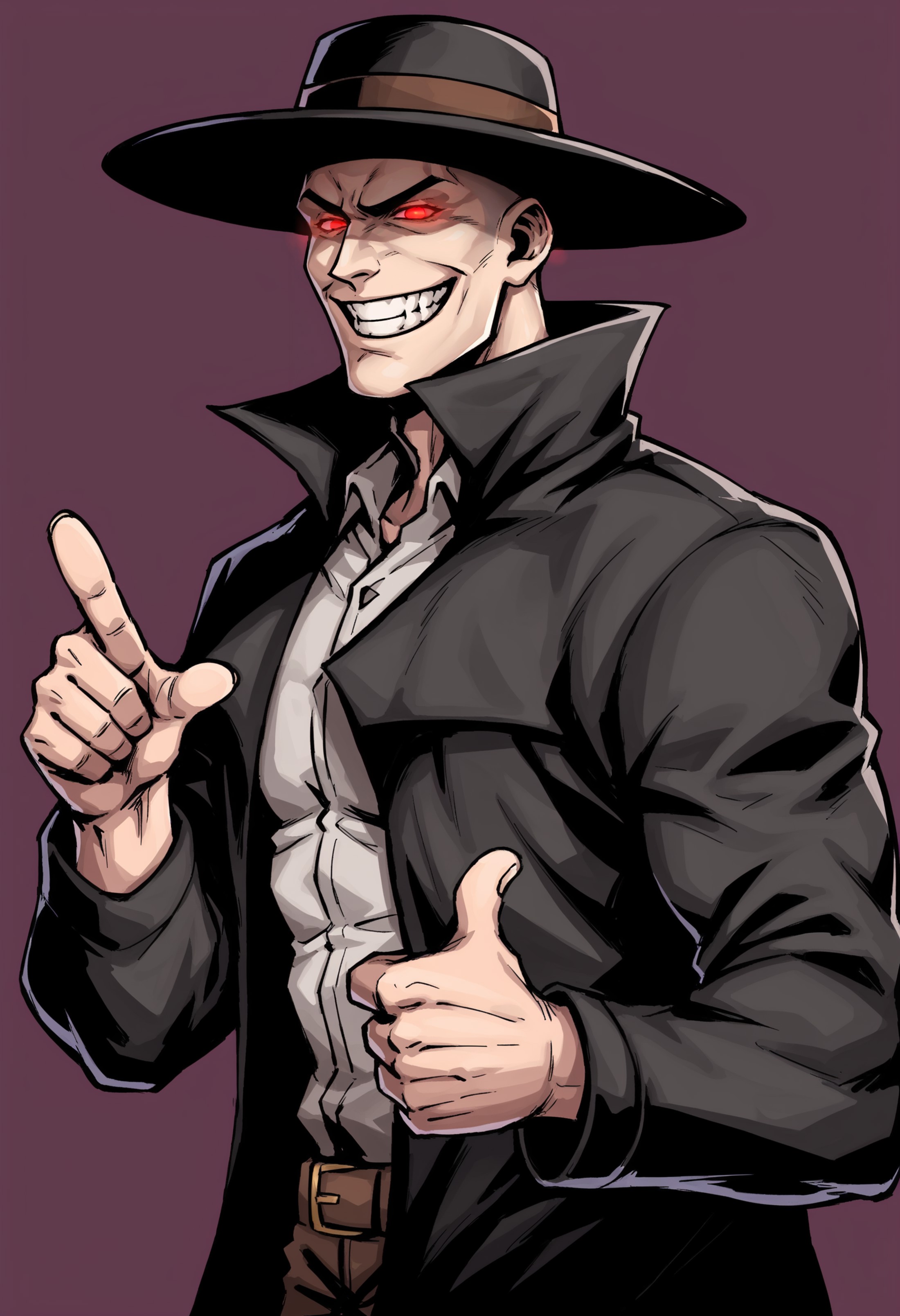 source_anime, 1boy, <lora:Caleb:0.8> solo, hat, black hat, wide brimmed hat, red eyes, glowing eyes, muscular male, black ...