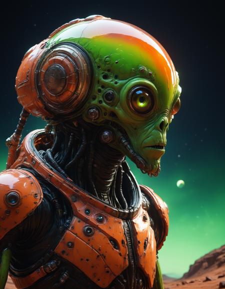 hyper realistic and highly detailed, upper body view of a bizarre,  liquid, calm, luminary,   alien creature, Martian Weather Station, Outpost studying Martian atmosphere, weather patterns, and climate change., side view, outdoors, Fluorescent Green and Racing Redhue, atmospheric haze, cinematic grain, highly dramatic lighting, (professional, finest details, maximized details, ultimate detail level, masterpiece, best quality:1.5)
 <lora:artialien:0.7> artialien