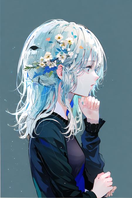 blue theme,Ultramarine, 1girl, solo, flower, long hair, simple background, profile, upper body, hair flower, black shirt, shirt, leaf, hands up, grey hair, bandages<lora:Ultramarine-000018:1>