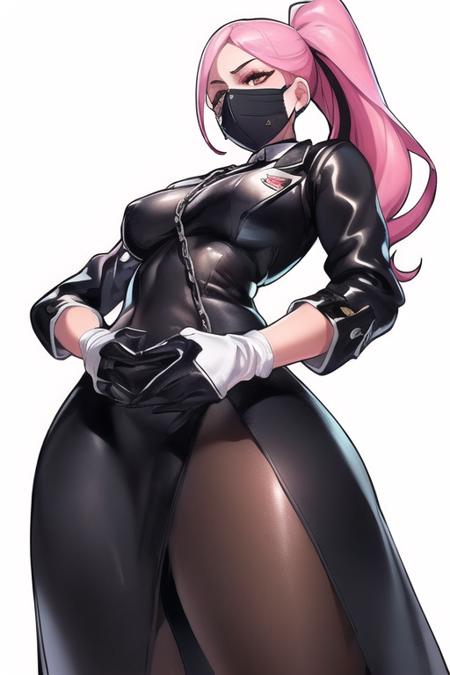 (1girls:1.4), (((solo,
 long hair, pink hair,  ponytail,  mouth black  mask , (black gloves), bodysuit, skin tight, brown eyes, necktie,(( long black coat)), ((black dress)), holding chain in hands, black jacket, (((white dolls))),<lora:Aoi_Zaki_TV1:0.5>
)))
(((mature and milf))),  wide hip,
((((from below)))),((from side)),
(((sticker with white border))),  ((((basic white background)))),((solo)), (dynamic pose:0.9), photorealistic, (hyperrealistic:1.2), beautiful, masterpiece, best quality, extremely detailed face, perfect lighting,  nsfw,   glowing,   perfect eyes, large eyes, curly eyelashes,  (exited face:1.1) , ((perfect face)),  (((horny))), ((perfect hands)), (perfect hands)