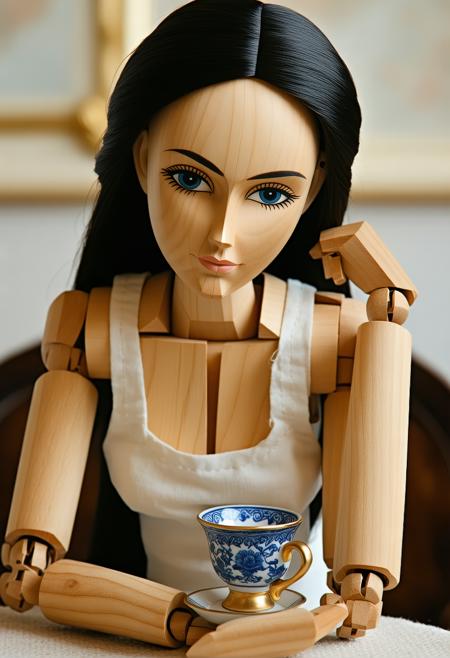 A oak marionette, slumps inert at a splintered table, backlit by a dusty amber shaft piercing attic gloom. 
Caravaggio-inspired chiaroscuro carves its face: knotted grain, chipped paint eyelids. Monochrome mahogany tones clash with spectral cobalt shadows cast by tangled threads. miniature porcelain teacup, rests near wooden fingers.
Mood: haunting, arrested agency.