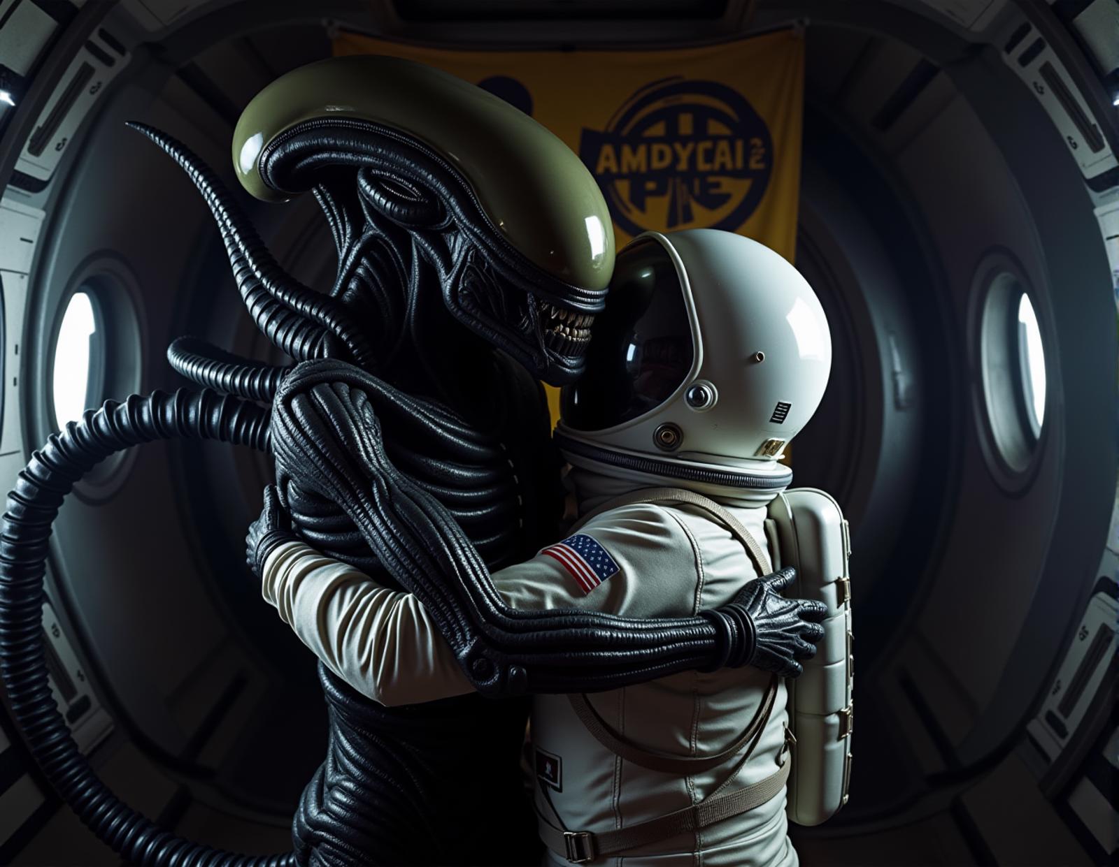 realisitc photo of an alien xenomorph and an american astronaut with helmet are hugging in a spaceship. A banner in the back says "Peace". It's a happy time of global peace until... <lora:Xenomorph:0.4>