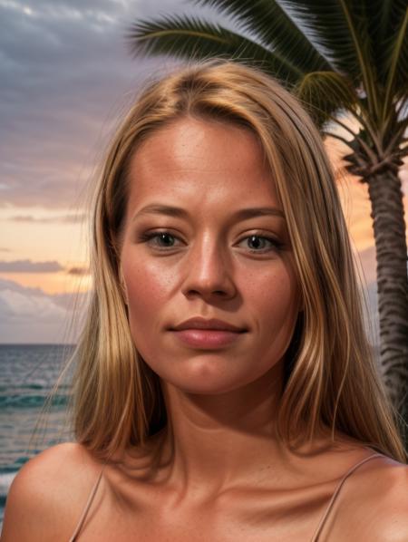 a portrait photo of a young woman named jeriR, look serious at viewer, best quality, 4k, 8k, ultra highres, raw photo in hdr, sharp focus, intricate texture, skin imperfections, background of the ocean and palm trees, sunset, sun-kissed, sunflare, shot with canon f4 and 50mm, <lora:jeriR_young_v11:0.8>