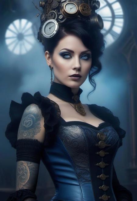 Woman steampunk and gothic with fine high tech skin details, detailed face tattooed, background is Harmony in Music, sf, intricate artwork masterpiece, blue and white pastel ratio, , fog ambiance, ominous, , matte painting movie poster, Intricate, Complex contrast, HDR, Sharp, soft Cinematic Volumetric lighting, flowery pastel colours, wide long shot, perfect masterpiece,by Anne Stokes and Phil Koch,
