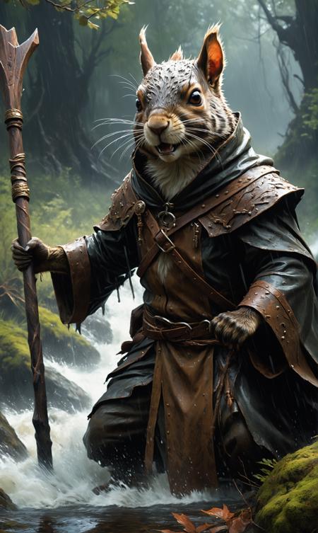 Classic oil painting, a closeup view of a vicious abomination undead squirrel-skinned humanoid wearing old wet blackish-brown woodland ragged hood and robes while holding up an otherworldly staff and bracing himself against the rain his clothes blowing in the wind, he roars with intensity, dark ancient eerie forest with trees and murky waters, a wave of water and rock tear through the land, weathered canvas, rough effect, artgerm, by daniel f gerhartz, Very cinematic scene, realistic render, horror, textured environment, unsettling, horror fantasy, reflections, by gerald brom, jules cheret, deadly, terrifying, disturbing, detailed creature design, highly detailed, intricate, sharp focus, masterpiece, trending on artstation hq, deviantart, pinterest, unreal engine 5, 4k uhd image<lora:xl_more_art-full_v1:0.3>