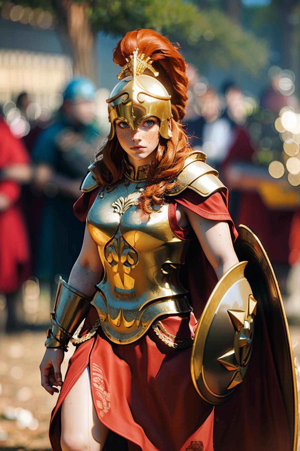 Woman wearing a gold warrior costume with a red cape.
