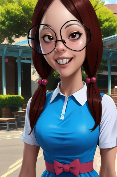 gretchen,black eyes,large glasses,low twintails,buck teeth,
blue dress,short sleeves,collared shirt,
standing,upper body,smile,
school yard,outdoors,
(insanely detailed, beautiful detailed face, masterpiece, best quality),solo,<lora:gretchen:0.9>,