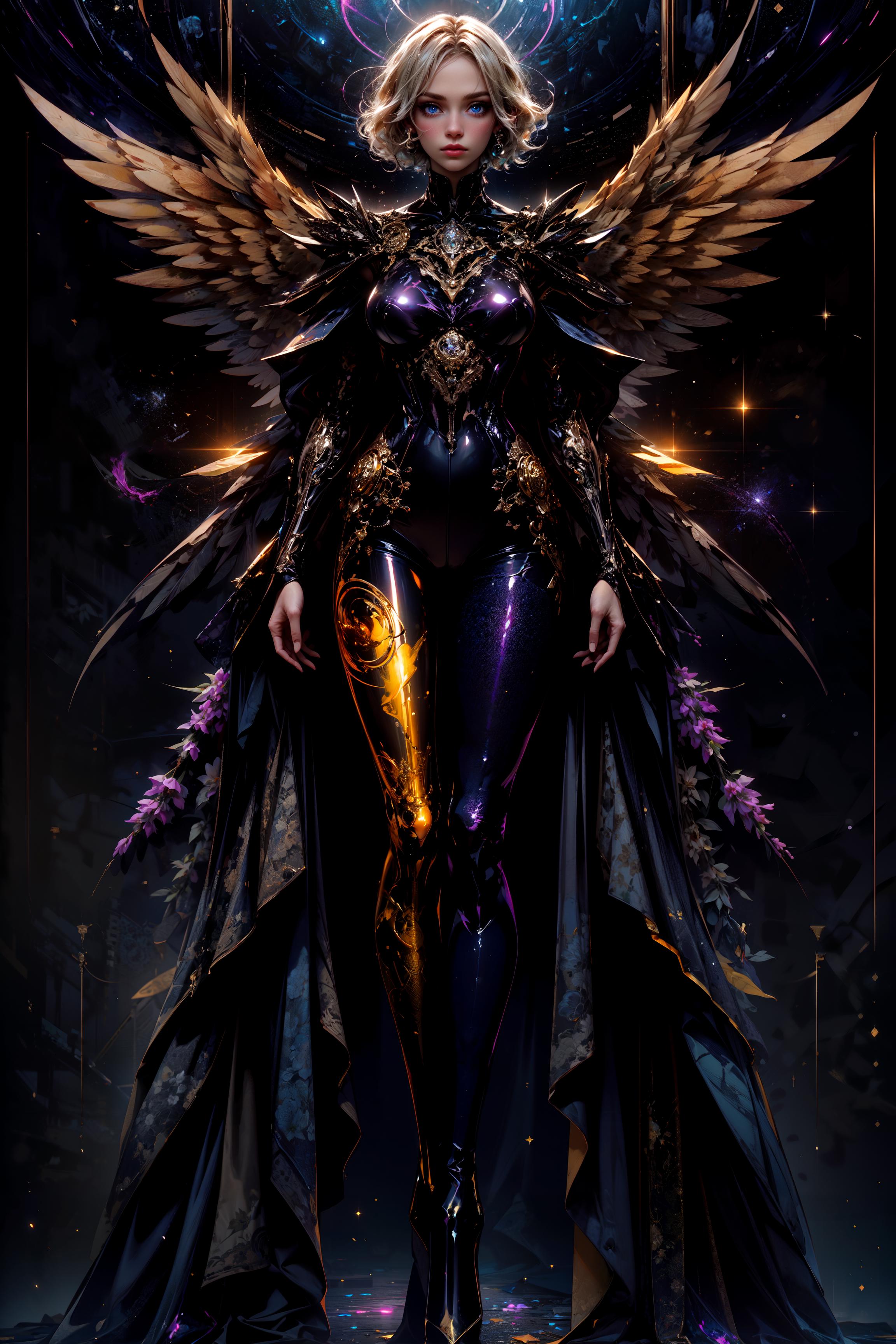 Fantasy Artwork Featuring a Woman with Purple Wings and a High-Tech Suit